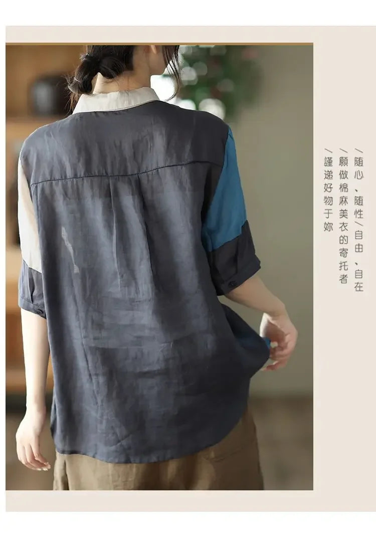 Cotton and Linen Shirt for Women Fashionable and Versatile Cardigan Lapel Top Thin