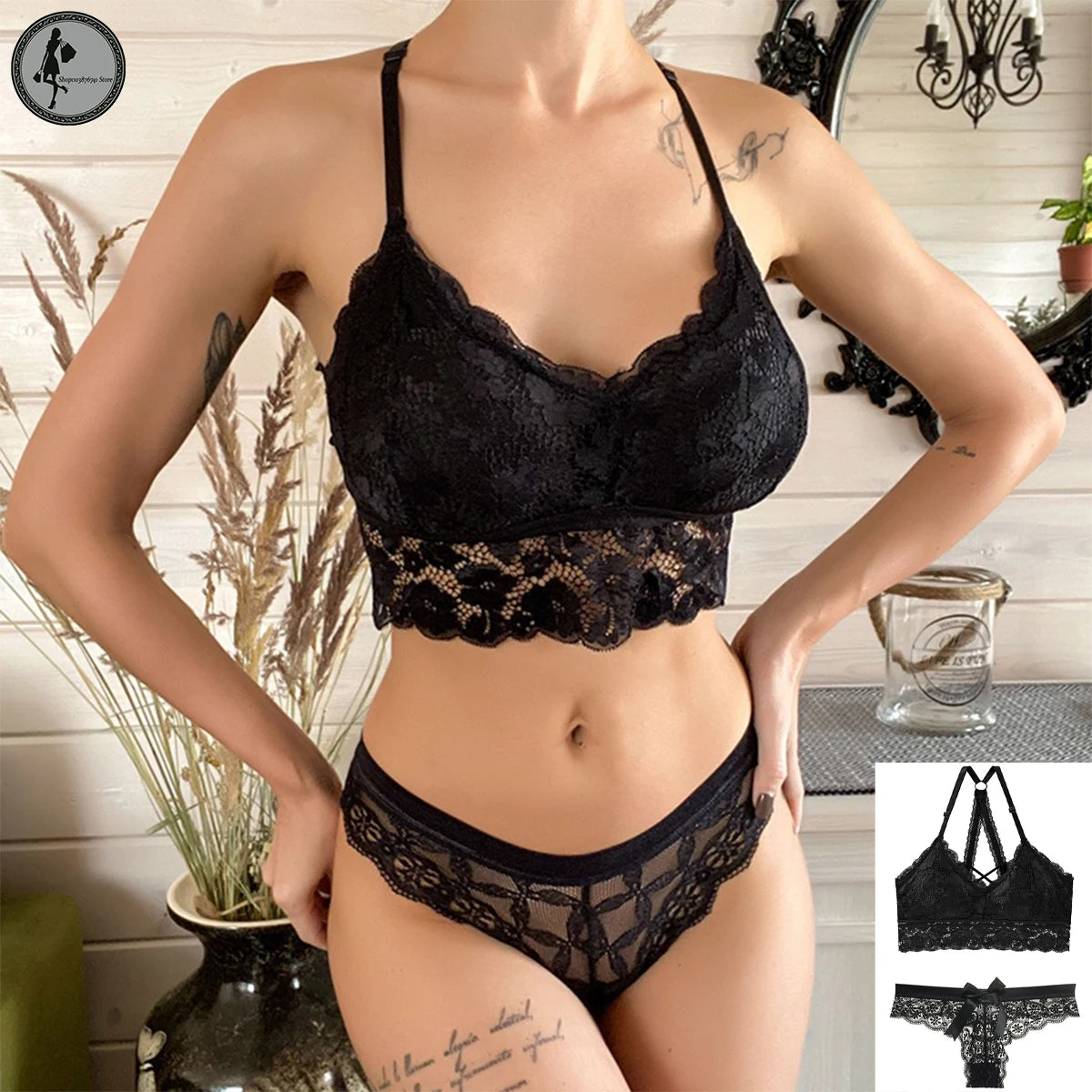 Women Underwear Sets Backless Bra Lace Panty Sexy Thong Sexy Lace Hollow Deep V Push Up Lingerie Sets
