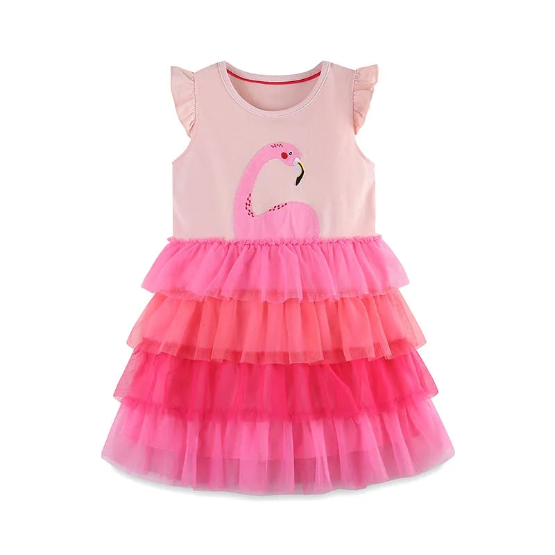 Little maven Kids Clothes Summer Children 's Clothing Baby Girls Cotton Embroidery Cartoon Flamingo Mesh Dresses Vestidos 2024