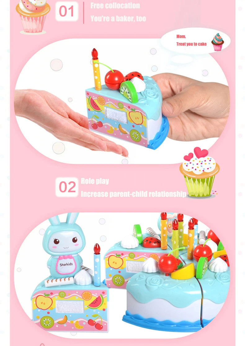 Kids Toy Simulation DIY Birthday Cake Model Kitchen Pretend Play House Cutting Fruit Food Toy for Toddler Children Gift Boy Girl
