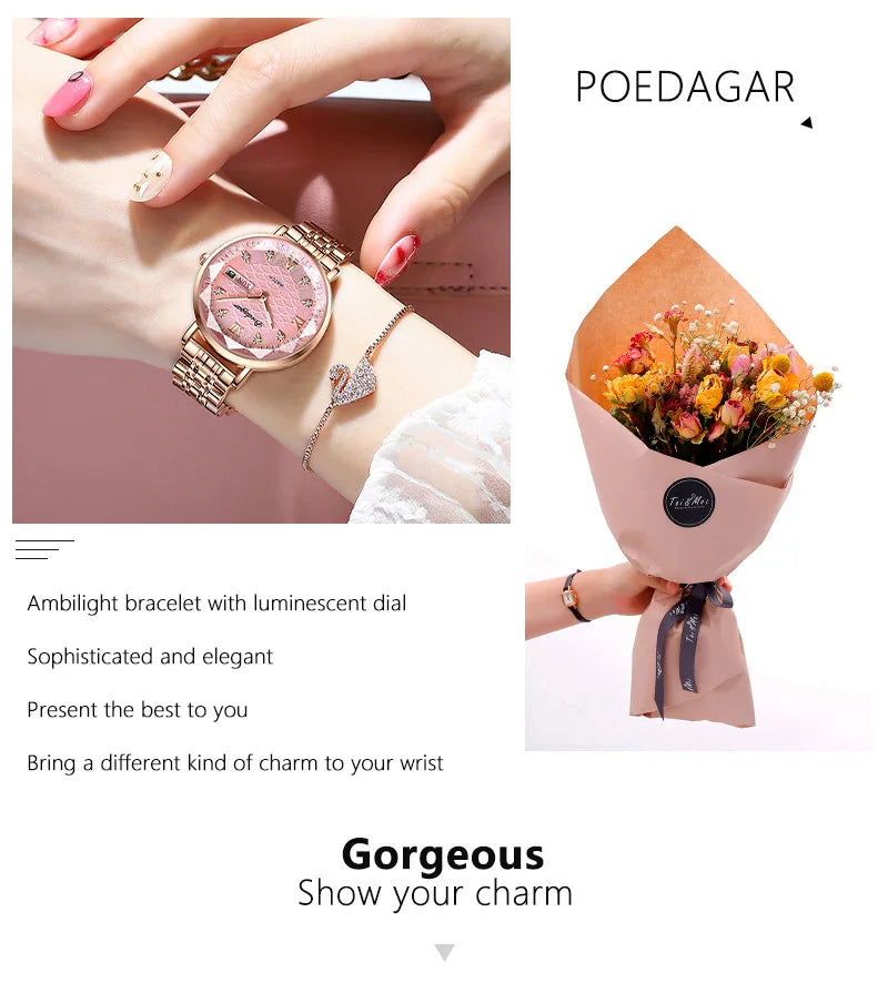 POEDAGAR Top Elegant Women's Watches Stainless Steel Date Week Woman Watch Waterproof Luminous Fashion Ladies Watch Quartz Reloj