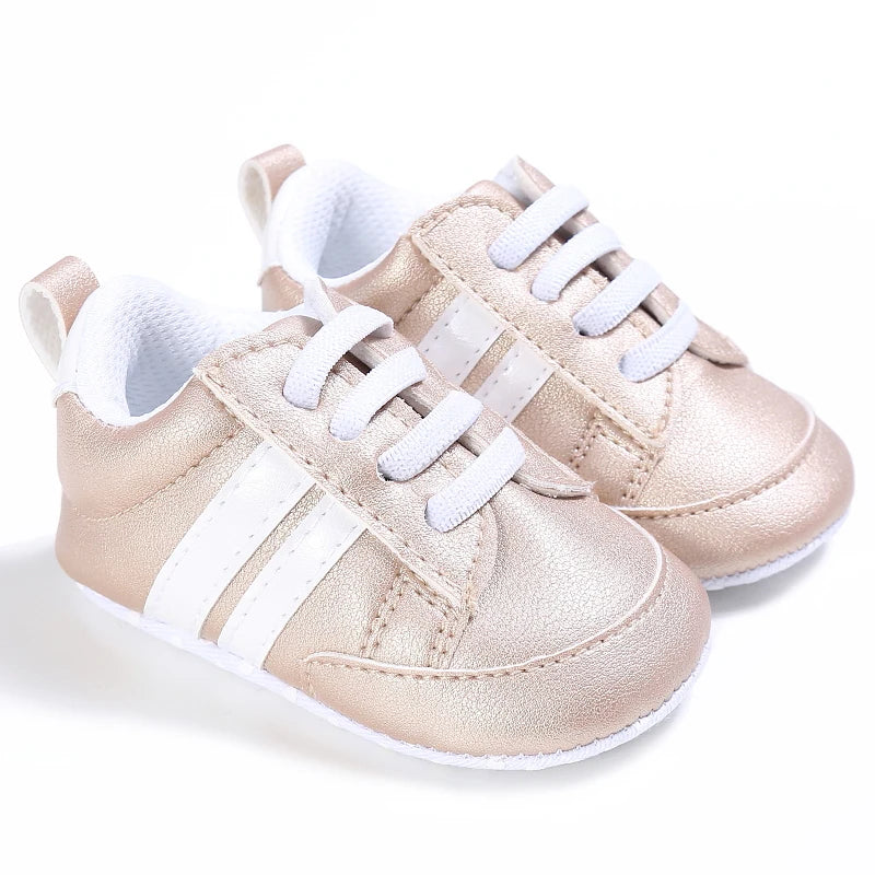 Baby Shoes Newborn Boys Sneaker Girls Two Striped First Walkers Kids Toddlers Lace Up PU Leather Soft Soles Sneakers 0-18 Months