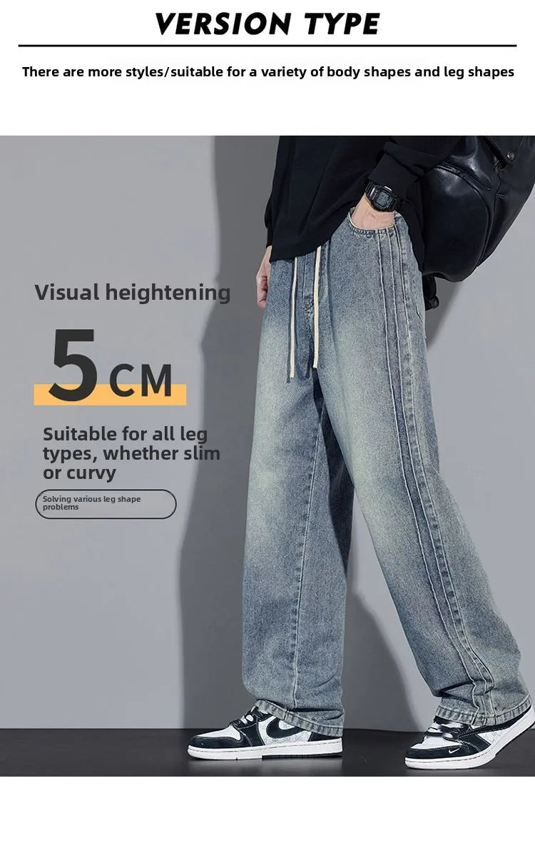 Elastic Loose Straight Jeans Men's Wide Legged Denim Pants Casual Trousers Korean Style Sportswear Clothing Jeans Men Pants