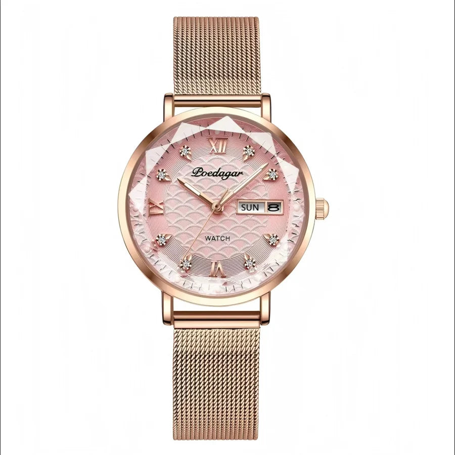 POEDAGAR Top Elegant Women's Watches Stainless Steel Date Week Woman Watch Waterproof Luminous Fashion Ladies Watch Quartz Reloj