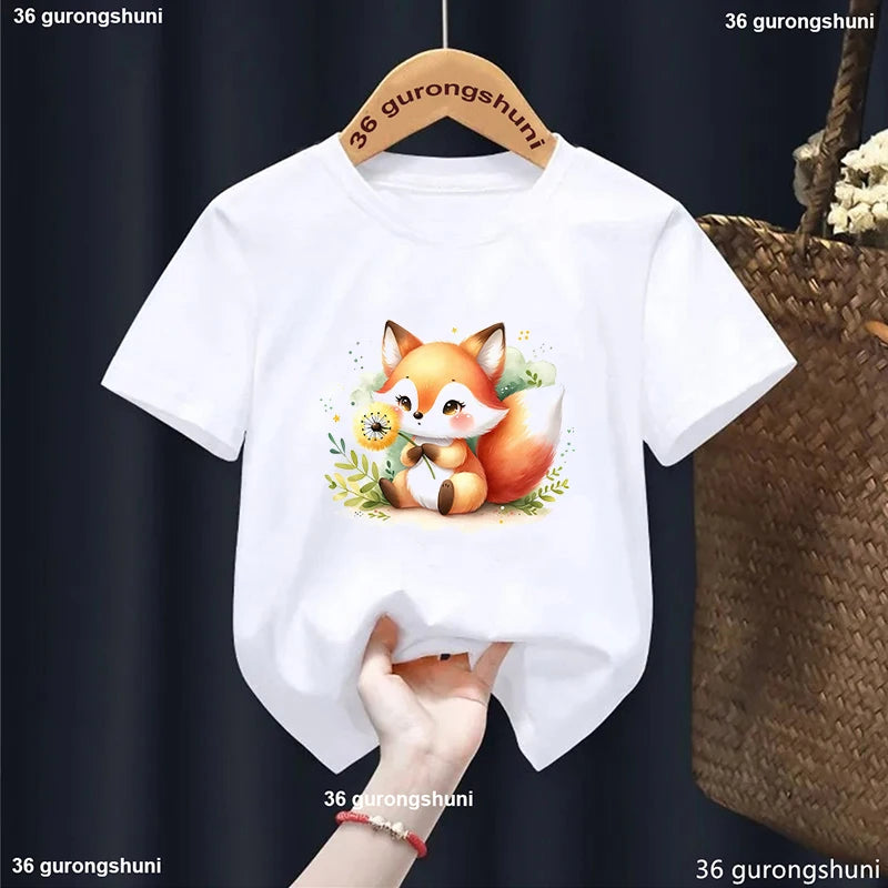 Lovely Fox Wish Dandelion Animal Printed T Shirt Girls/Boys Kawaii Kids Clothes Summer Fashion T-Shirt Harajuku Shirt