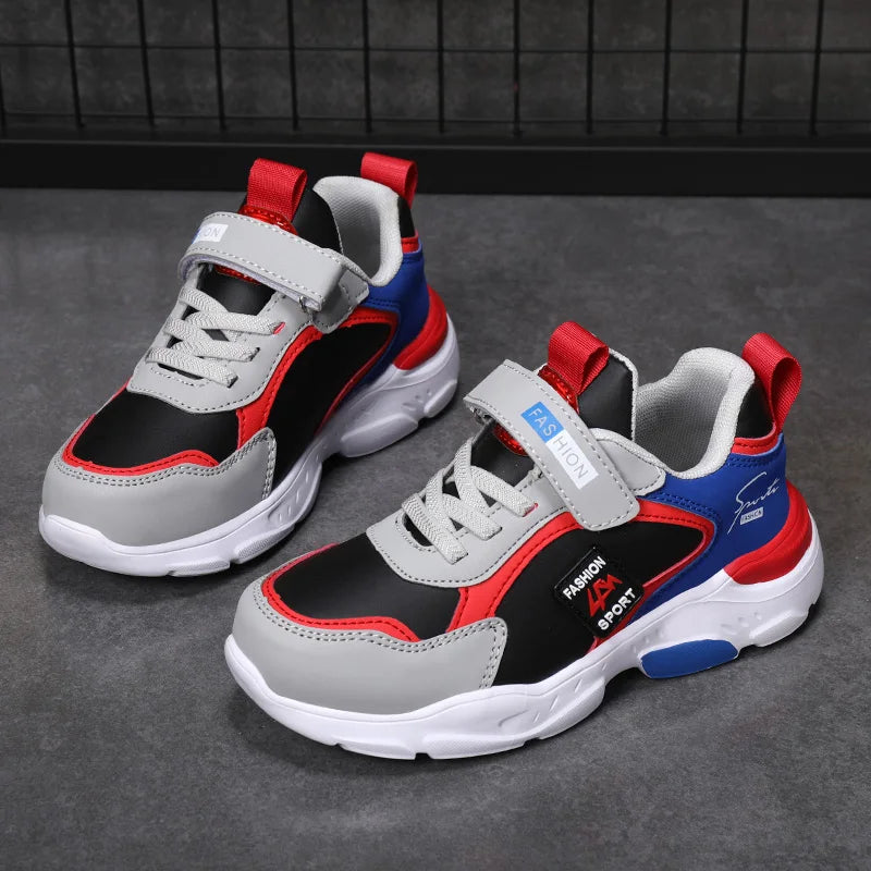 Autumn and Winter Children's Shoes, Boys' Sneakers, Leather Surface, Breathable, Non-Slip, Versatile Sports Shoes for Middle-Aged and Older Children and Primary School Students