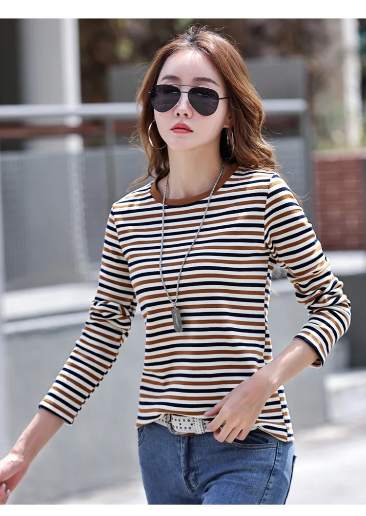 High Quality T Shirt For Women Korean Fashion Clothes Autumn Cotton Stripe Tee Shirt Femme O Neck Tops Woman Long Sleeve Tshirts