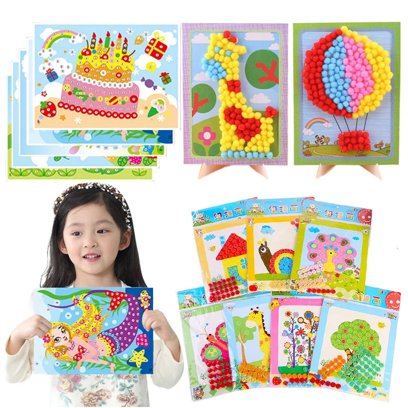 Children DIY Stickers Toys Button/Pompom/Diamond Early Education Kids Puzzle Handmade Creative Painting 3-6 Years Old Gifts TMZ