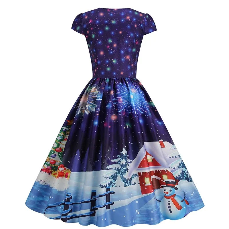 Christmas Dresses for Women Winter Pinup Rockabilly Sexy Cosplay Party Dress Santa Claus Snow Print Cocktail Prom Dress