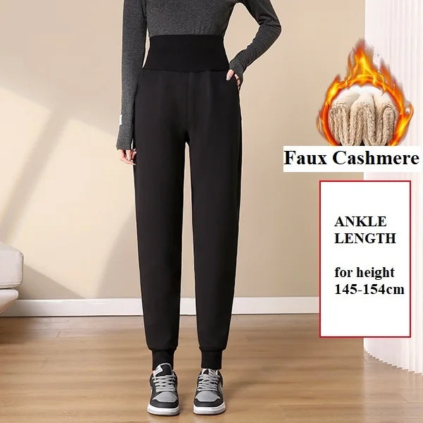 Women Pants Warm Winter Thick Lambskin Cashmere Pants High Waist Black Harem Long Trousers Wool Cold Resistant Pants PELEDRESSS
