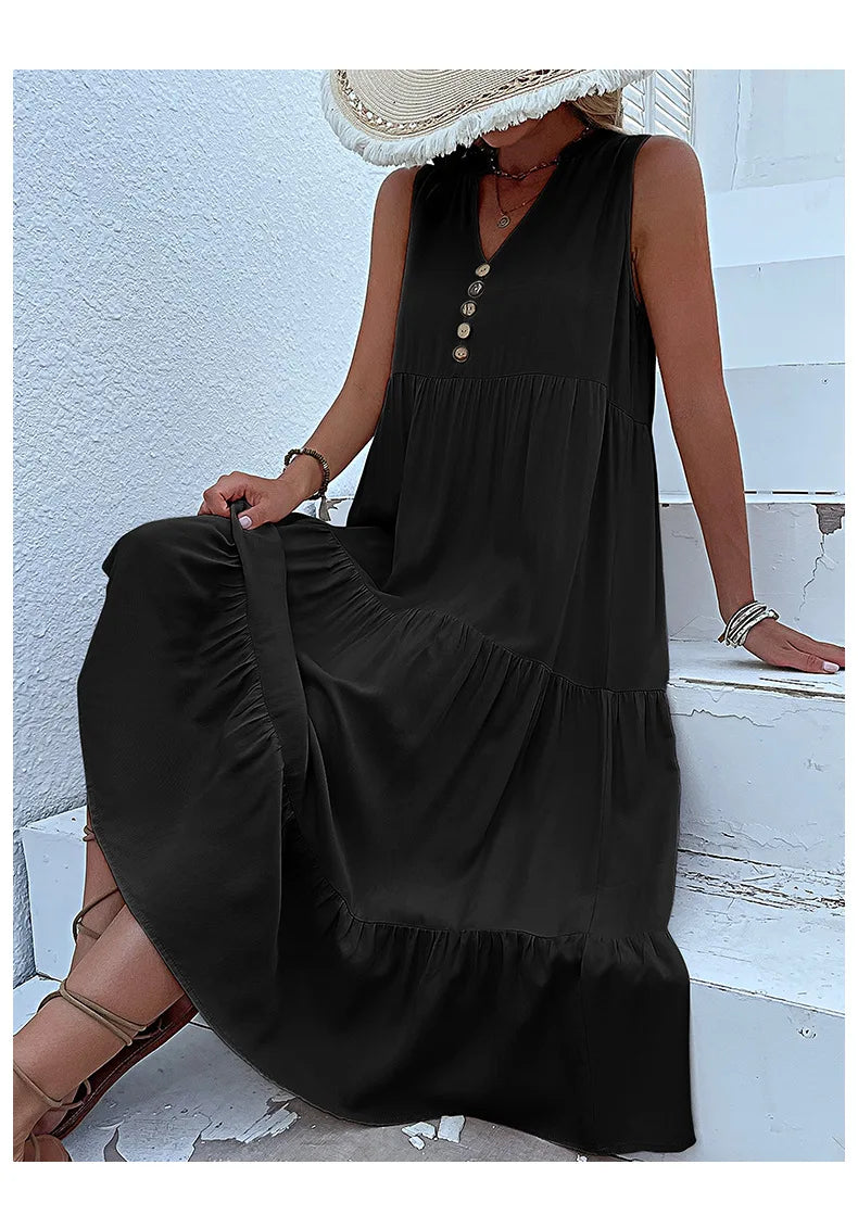 Dresses for Women 2025 Summer V-neck Single-breasted Vest Dress Sleeveless Loose Casual Solid Color Dress Vestidos De Mujer