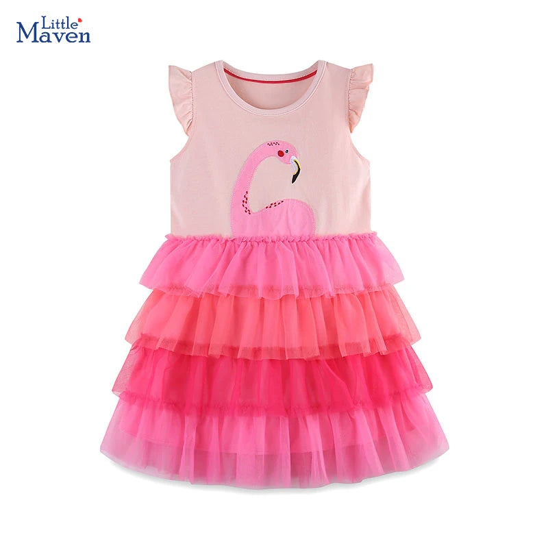 Little maven Kids Clothes Summer Children 's Clothing Baby Girls Cotton Embroidery Cartoon Flamingo Mesh Dresses Vestidos 2024