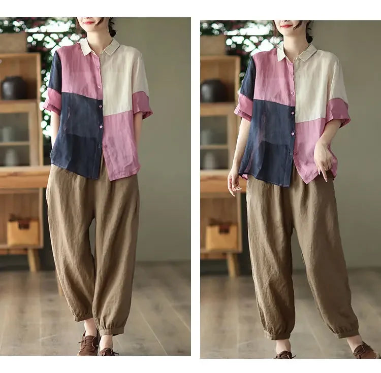 Cotton and Linen Shirt for Women Fashionable and Versatile Cardigan Lapel Top Thin