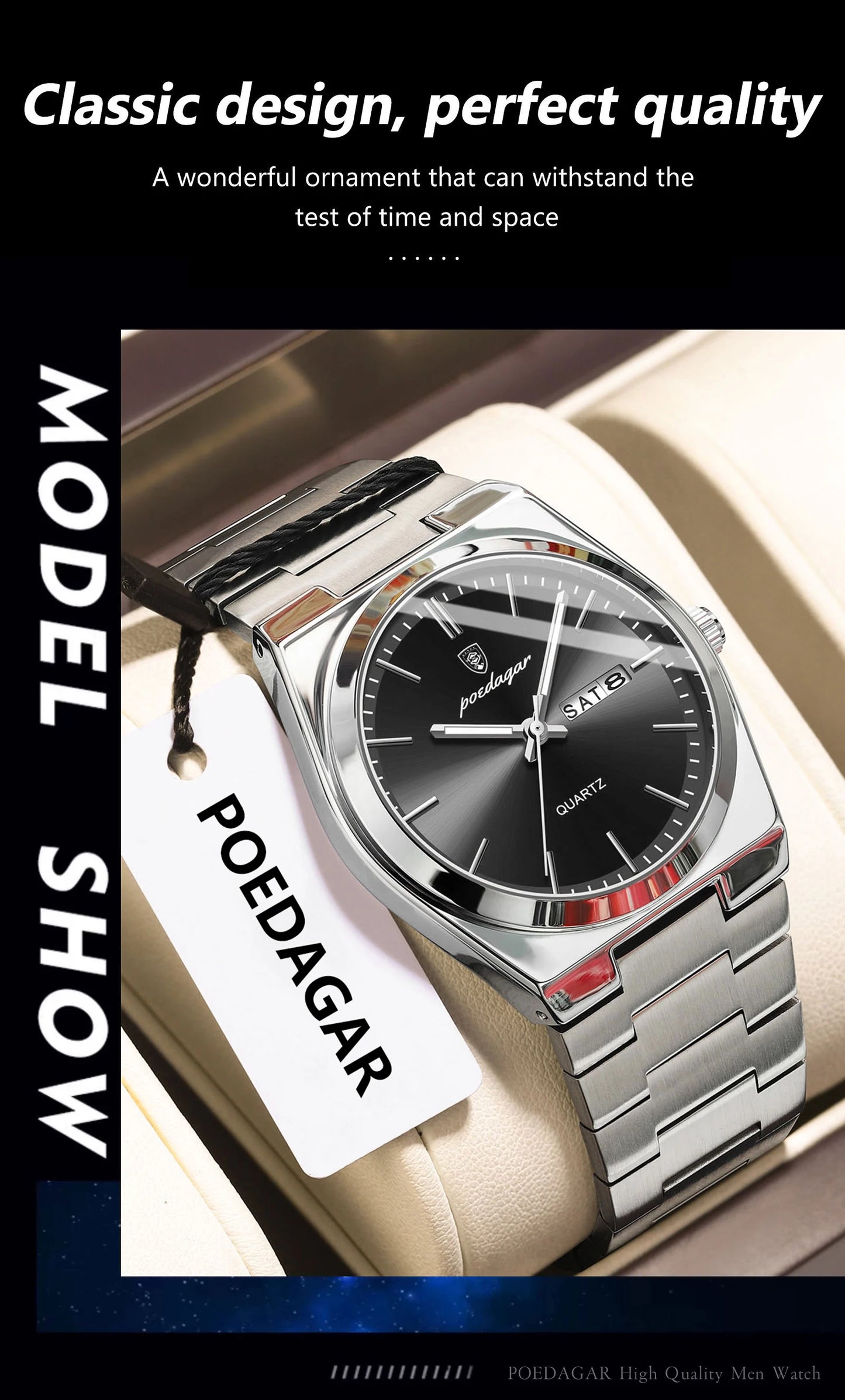 POEDAGAR Luxury Men Watch Stainless Steel Waterproof Luminous Man Wristwatch Date Week Fashion Casual Men's Watches Quartz Reloj