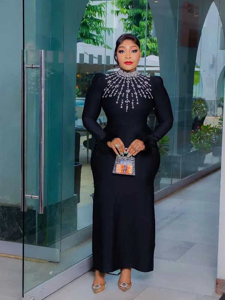 Elegant Black Evening Dresses for Women Autumn Clothes Dress  Round Collar with Diamonds Elegant Chic Bodycon Dress Long Sleeve