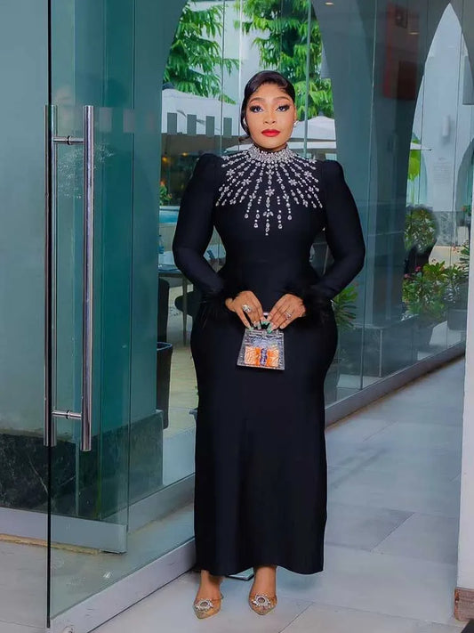 Elegant Black Evening Dresses for Women Autumn Clothes Dress  Round Collar with Diamonds Elegant Chic Bodycon Dress Long Sleeve