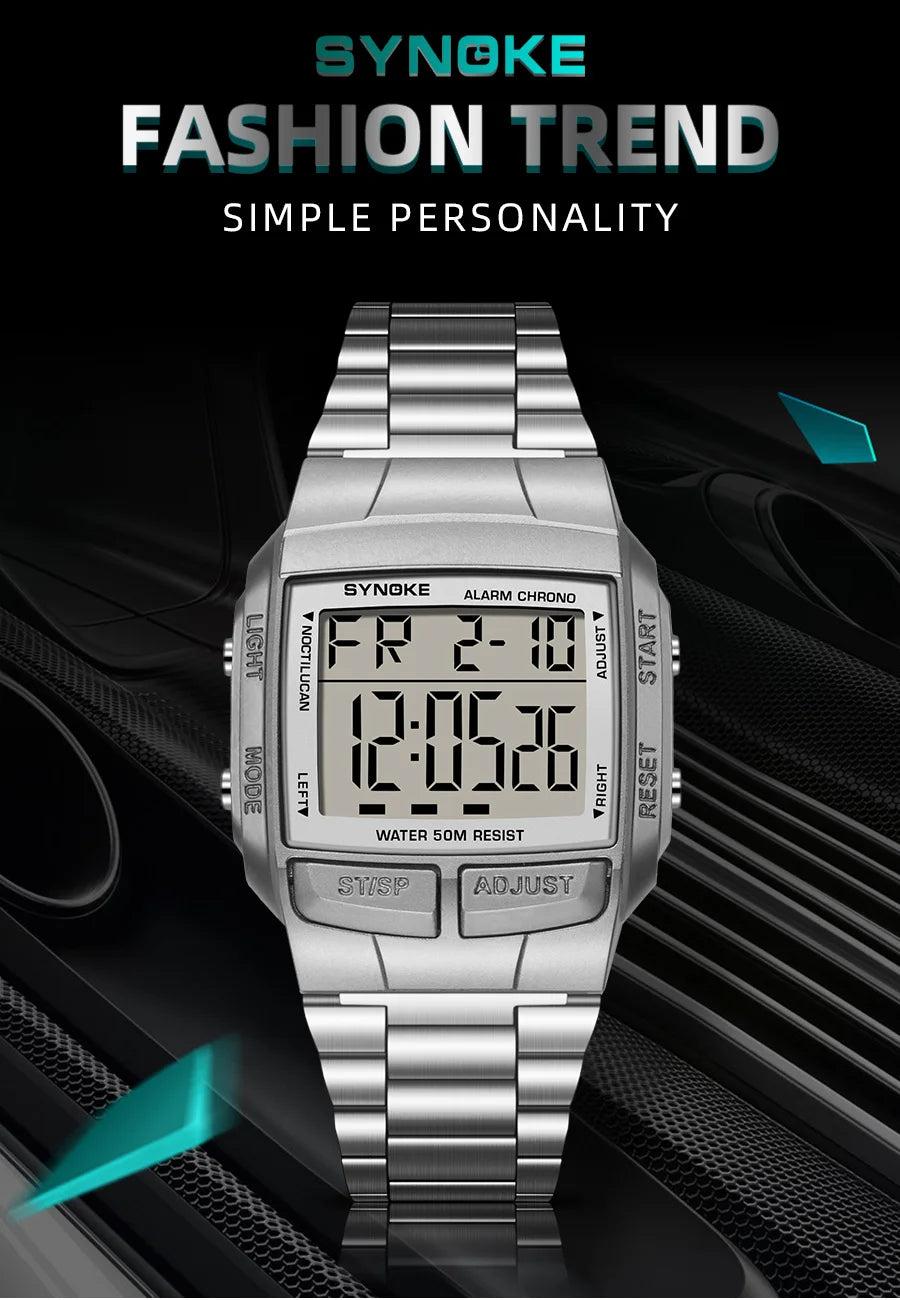 Mens Sports Digital Waterproof Watch, Multifunctional Wrist Watches For Men, Plastic Case Alloy Strap