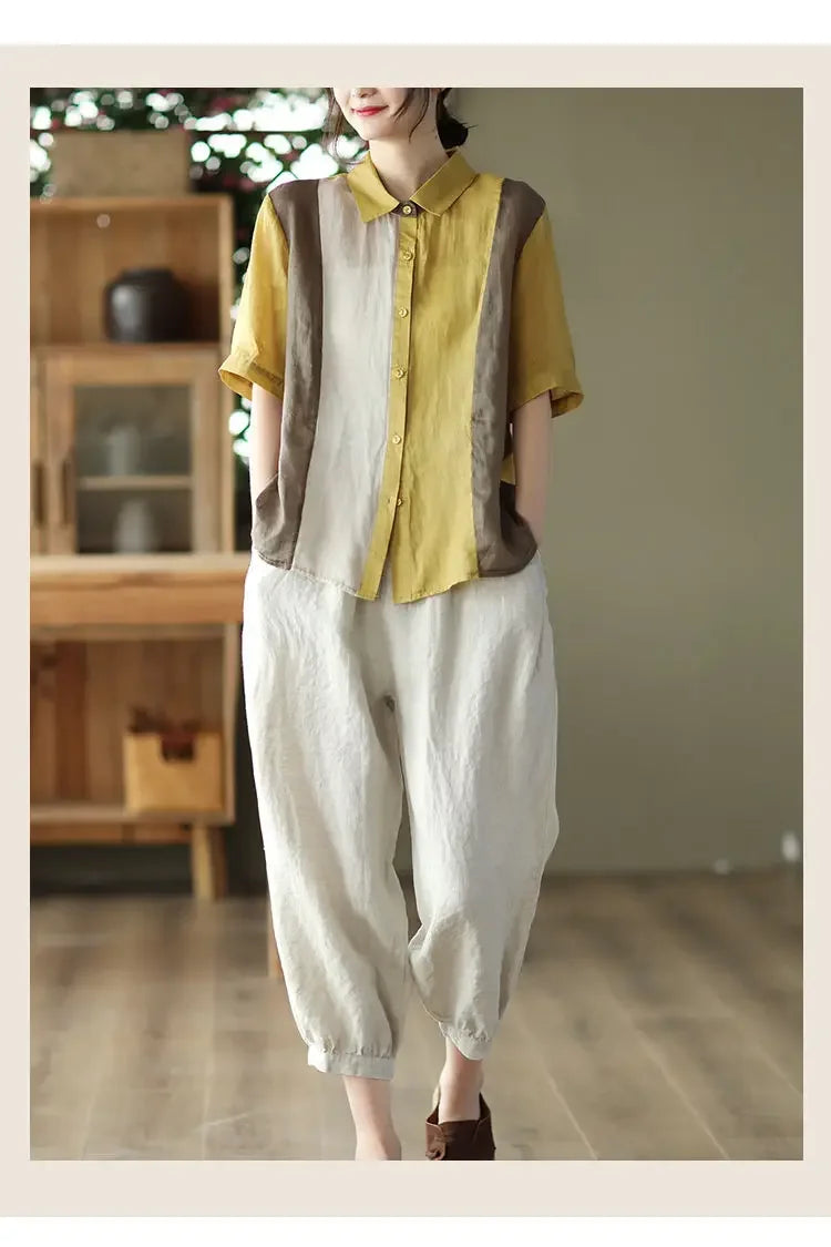 Cotton and Linen Shirt for Women Fashionable and Versatile Cardigan Lapel Top Thin