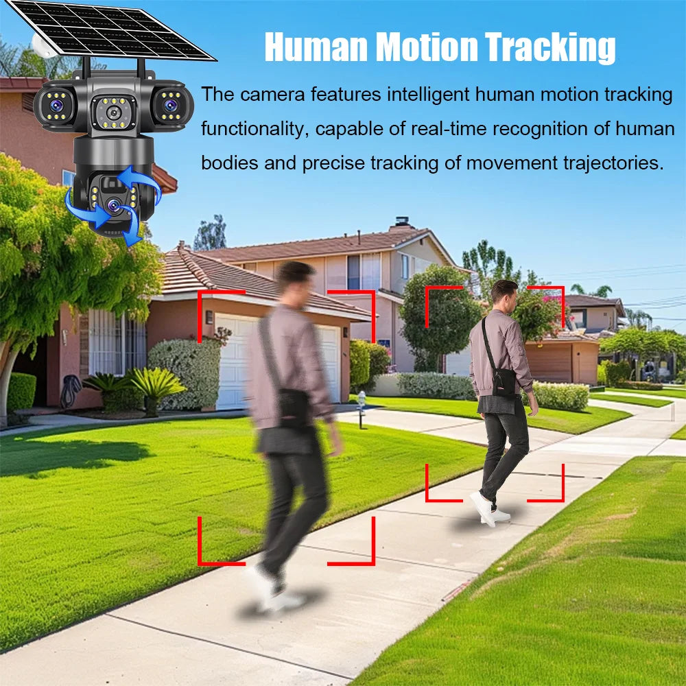 4G Solar Security Camera Outdoor Waterproof Wireless Three Lens Three screens Full Color Night Vision Motion Detection CCTV