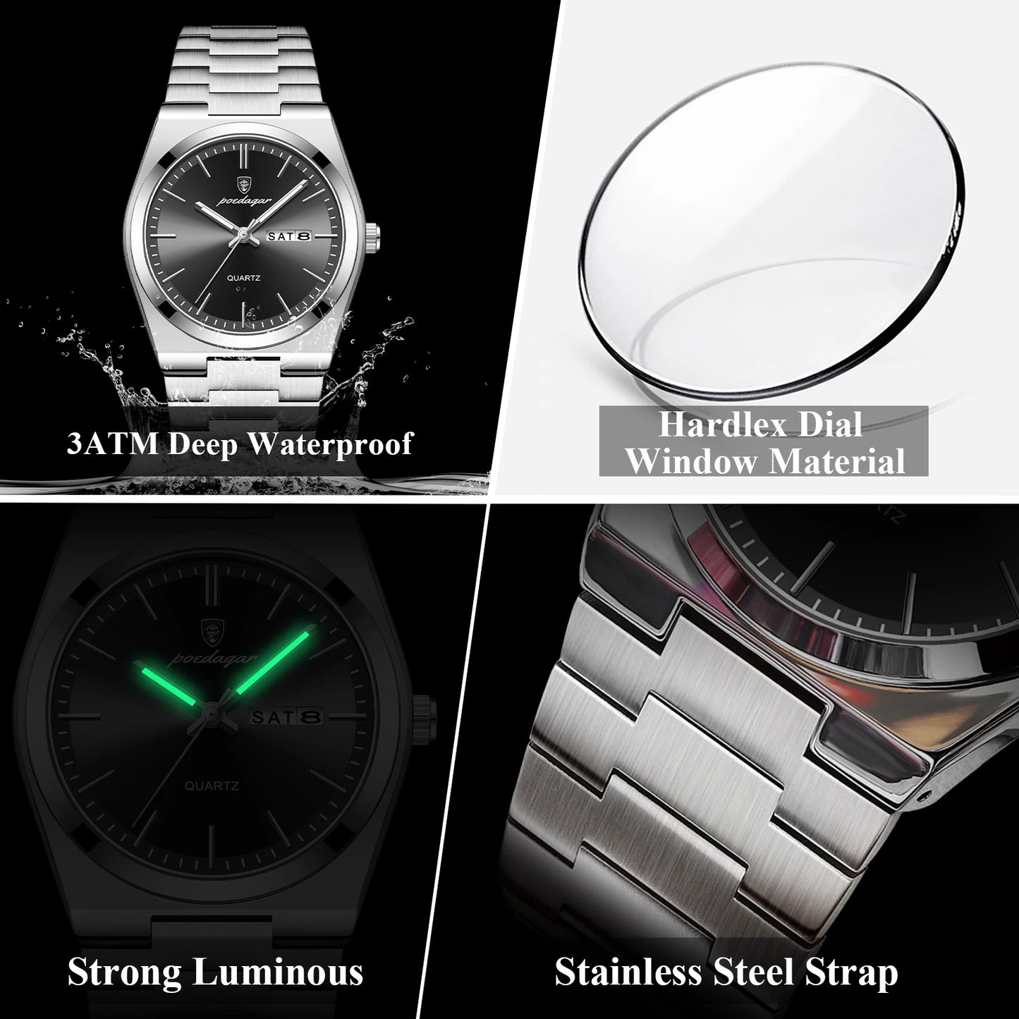 POEDAGAR Luxury Men Watch Stainless Steel Waterproof Luminous Man Wristwatch Date Week Fashion Casual Men's Watches Quartz Reloj