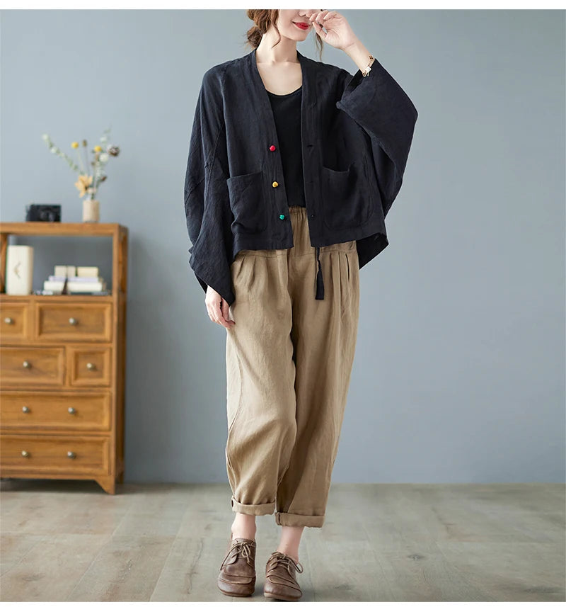 Women Long Sleeve Jackets New 2022 Autumn Vintage Style All-match Loose Comfortable Cotton Linen Female Casual Coats B2100