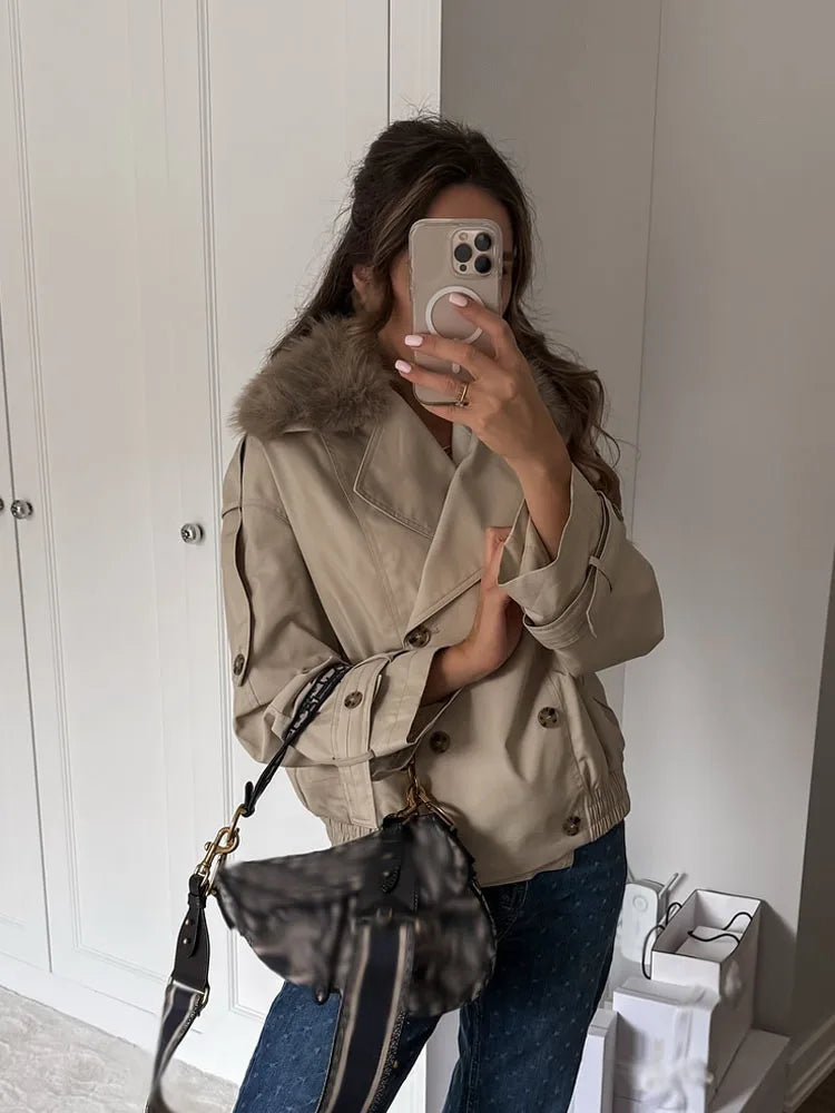 HH Women Elegant Casual Loose Jackets Fashion Woman Street Style Lapel Double-Breasted Pocket Decoration Slim Short Coats