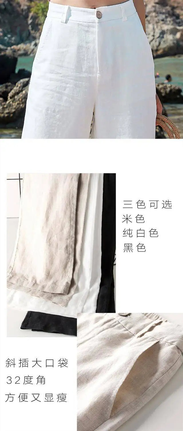 Women's Pants Summer Cotton Linen Wide Leg Pants Full Length Casual Solid White Loose High Waist Straight Trousers Women