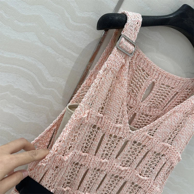 Women's dress New Sexy hollow out sleeveless long dresses for summer 2025 Bow waist belt slim midi dresses V-neck party dresses