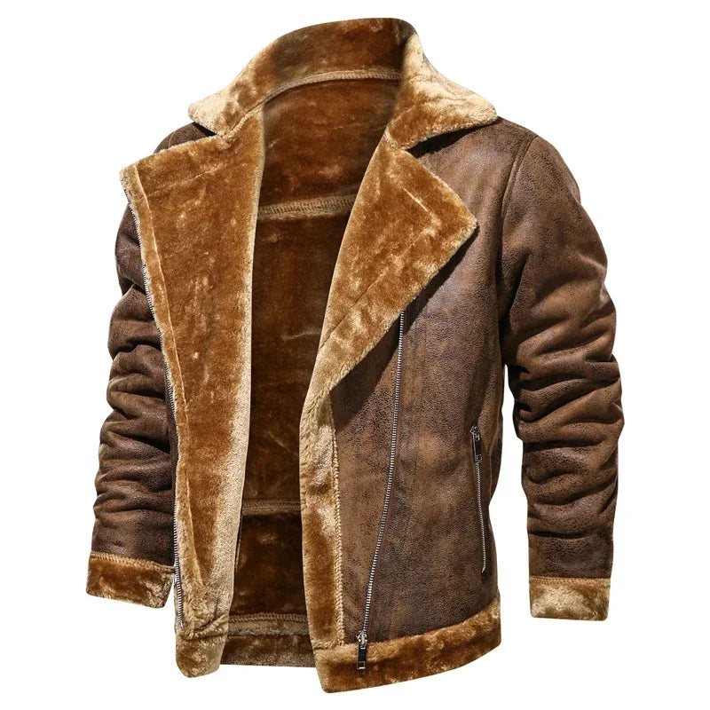 2022 Winter Jacket Mens Suede Leather Jacket Lapel Collar Vintage Style Warm Thick Fur Slim Fit Men Jackets M-4XL