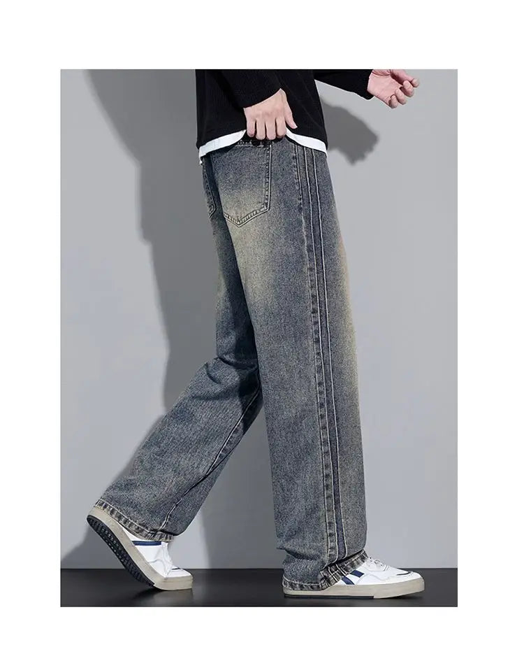 Elastic Loose Straight Jeans Men's Wide Legged Denim Pants Casual Trousers Korean Style Sportswear Clothing Jeans Men Pants