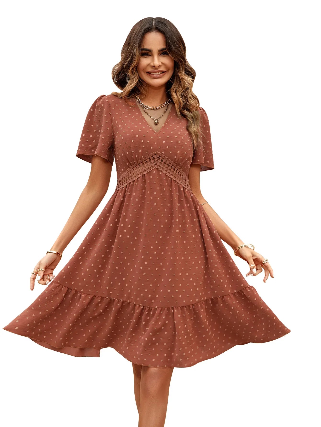 Summer Womens Dresses 2025 Solid Color V-neck Waist Ruffle Sleeve Knee Length Swing elegant party Dress Casual Holiday Vestidos