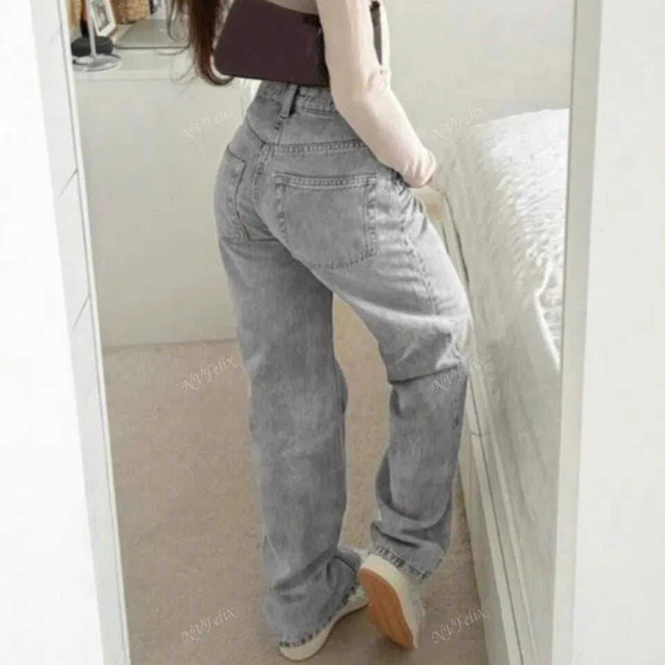 Jeans Women Straight Pants Denims Washed High Waist Distressed Pockets Female 2025 Streetwear Vintage Full Length Trousers