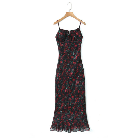 Midi dresses for women 2025 Summer bodycon dresses sexy vintage clothes dress elegant black dress front tie vintage floral dress