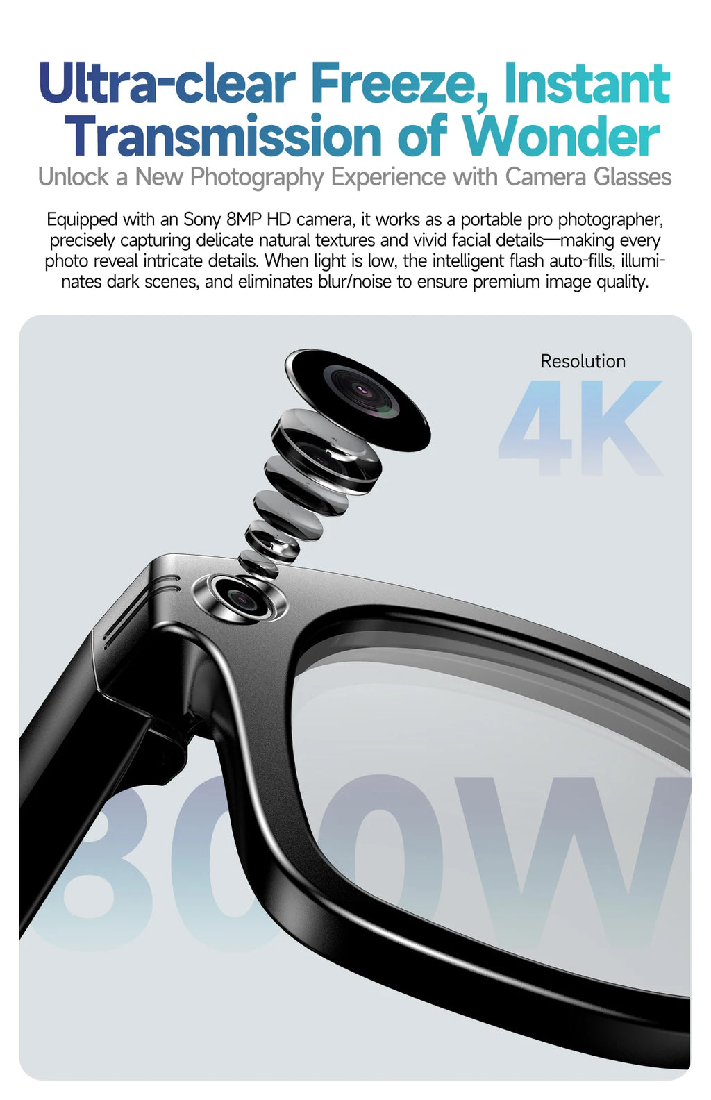 New Camera Glasses 800w Pixel 4K UHD Camera Recording Noise Reduction Ai Recognition Translation Anti Blue Light Smart Glasses