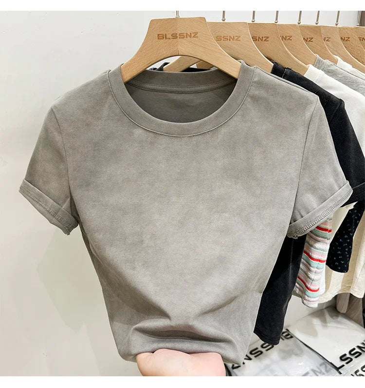 Women's Cotton T-shirt Female Summer 2025 Short Sleeve Washed Vintage Tee Harajuku Casual O-Neck Simple Slim Fit T Shirts