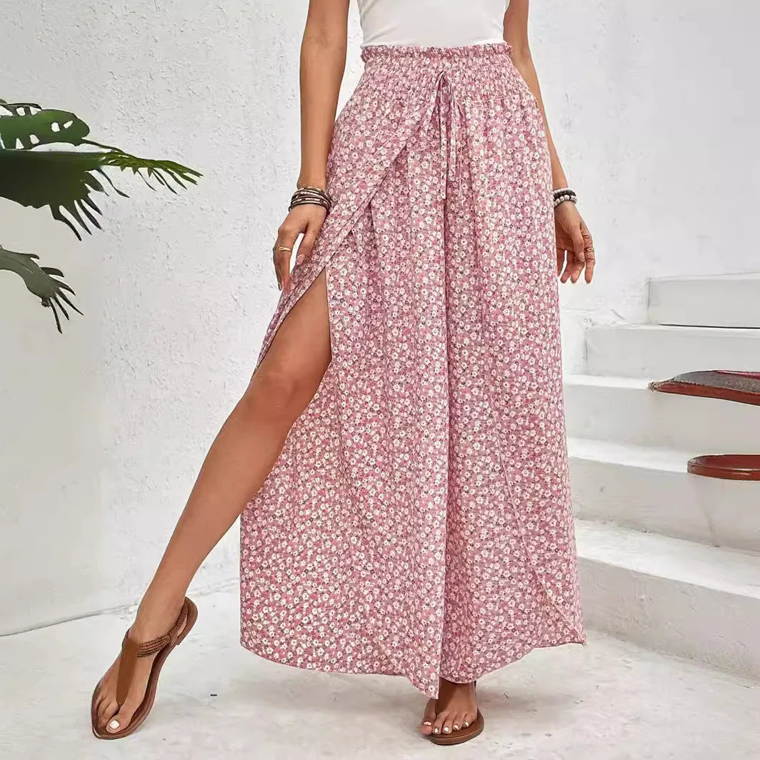 Women's Pants 2025 Summer New Fashion Floral Side Wide Leg Skirt Pants Calça Feminina Pantalon Mujer Pantaloni Lange Hosen