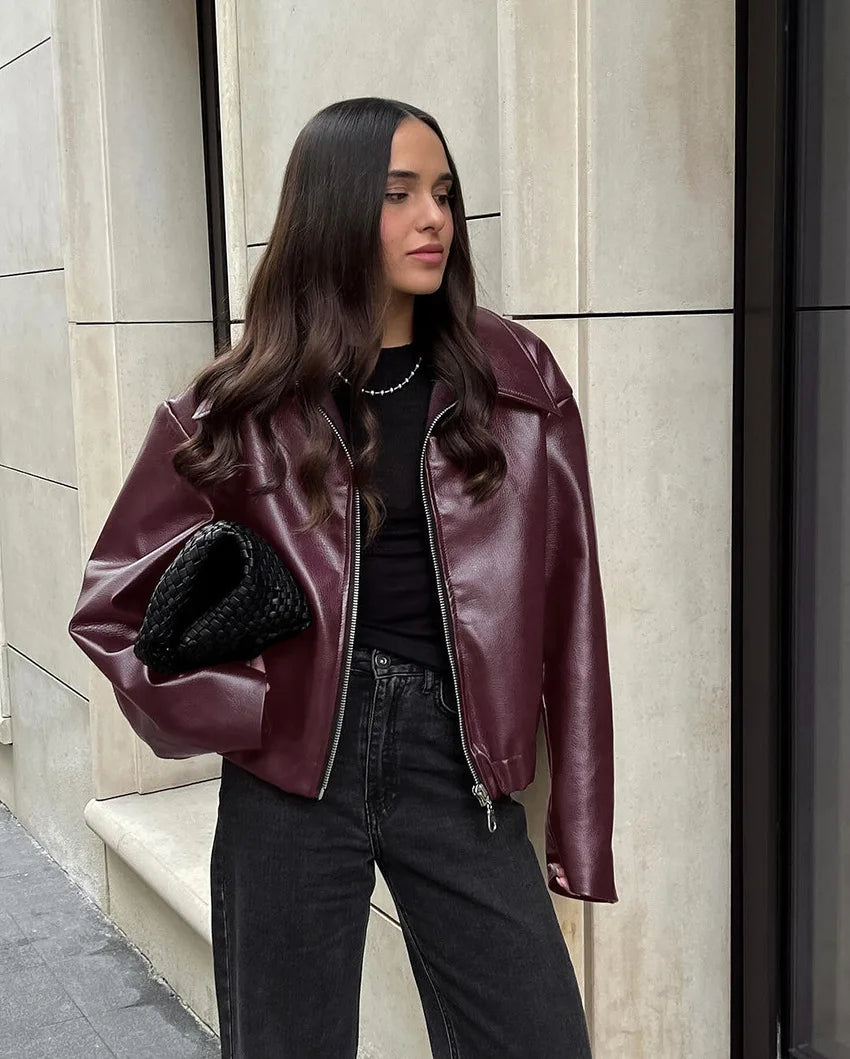 Womens Jacket Outerwears Cropped Faux Leather Jacket Autumn Long Sleeve Burgundy Bomber Jackets Casual Zipper Short Jacket