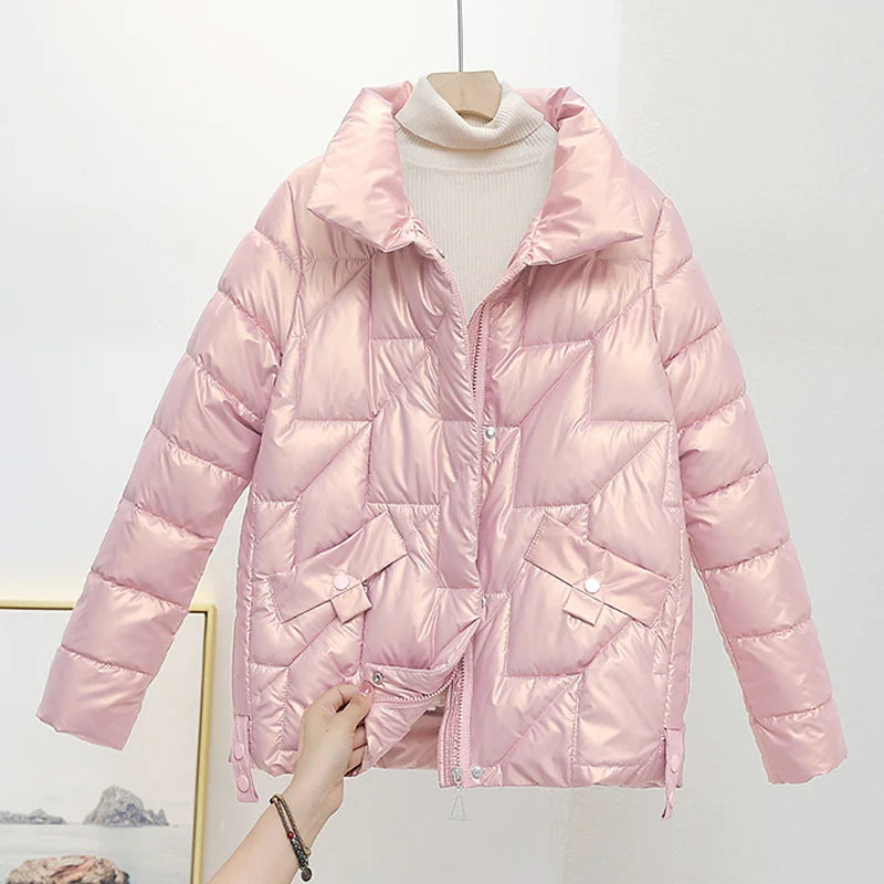 Women Jacket Winter Parkas Female 2025 New Glossy Down Cotton Jackets Stand Collar Casual Warm Parka Short Coat Female Outwear