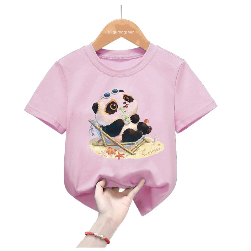 Rainbow Panda Birthday Gift Pink T Shirt Girls Harajuku Kawaii Kids Clothes Summer Fashion Tops Tee Shirt Funny T-Shirt