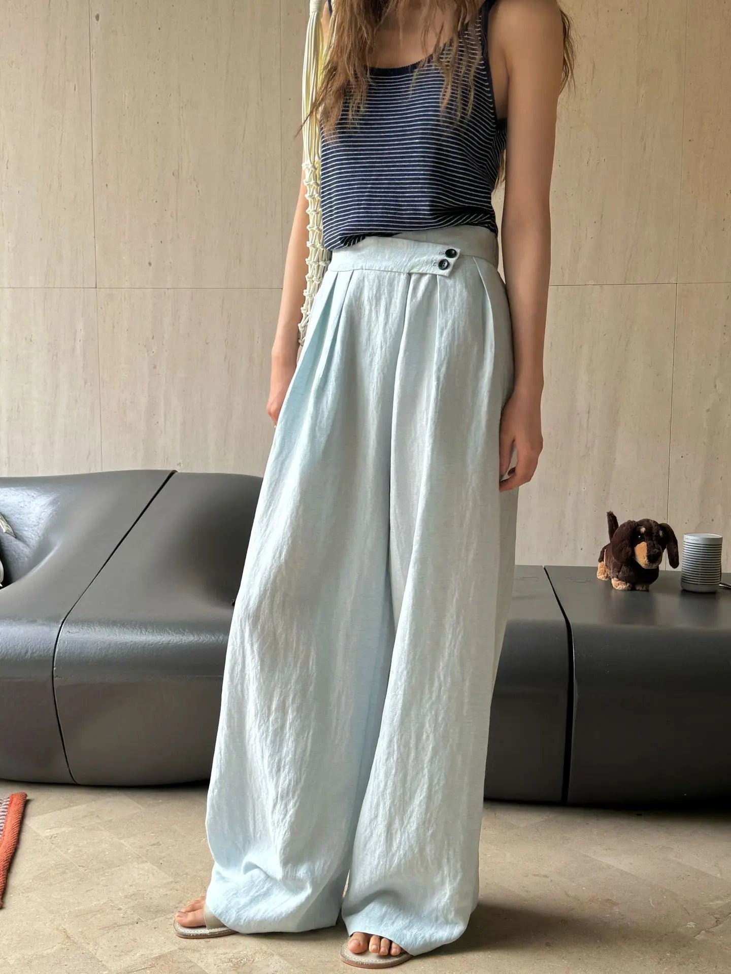 Summer women's casual solid color high waisted loose wide leg pants