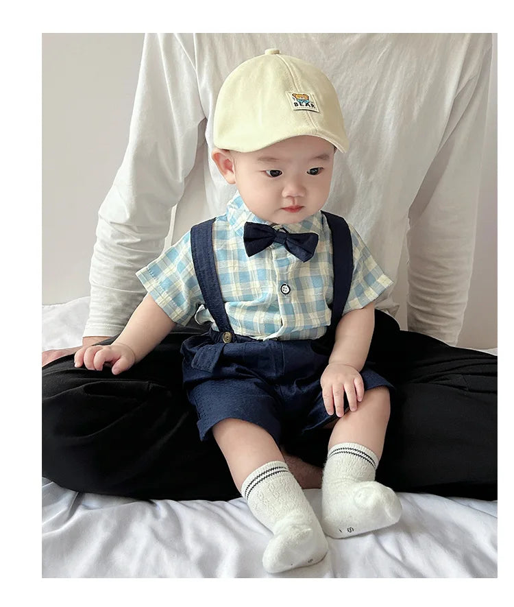 Boy Suit Summer Newborn Baby Clothes Summer Gentleman Children's Dress Lattice Shirt Strap Short+socks 3-piece Suit.