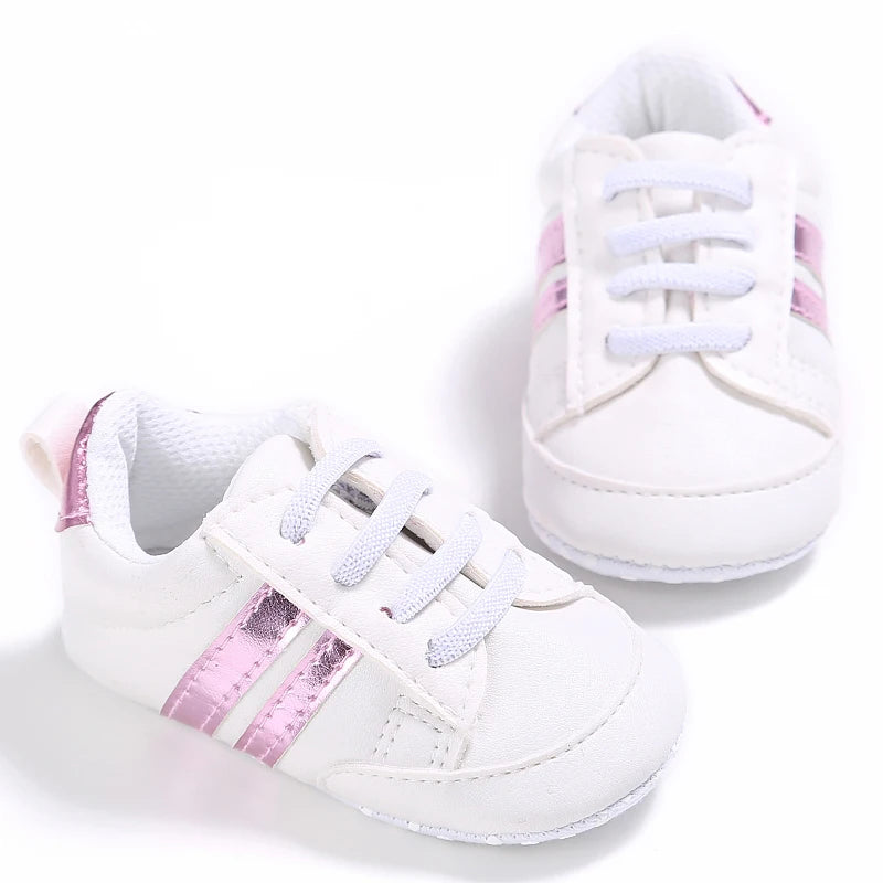 Baby Shoes Newborn Boys Sneaker Girls Two Striped First Walkers Kids Toddlers Lace Up PU Leather Soft Soles Sneakers 0-18 Months