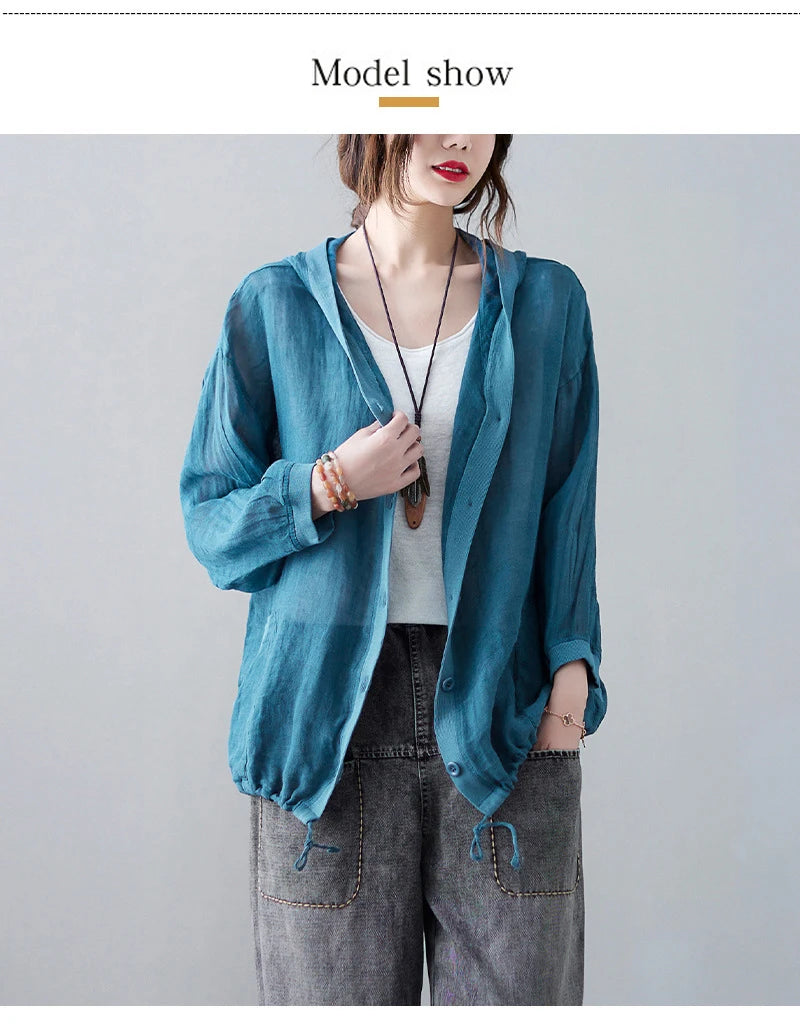 Women Summer Loose Hooded Sunscreen Casual Thin Jackets New Arrival Simple Style Solid Color Female Long Sleeve Hooded Coats