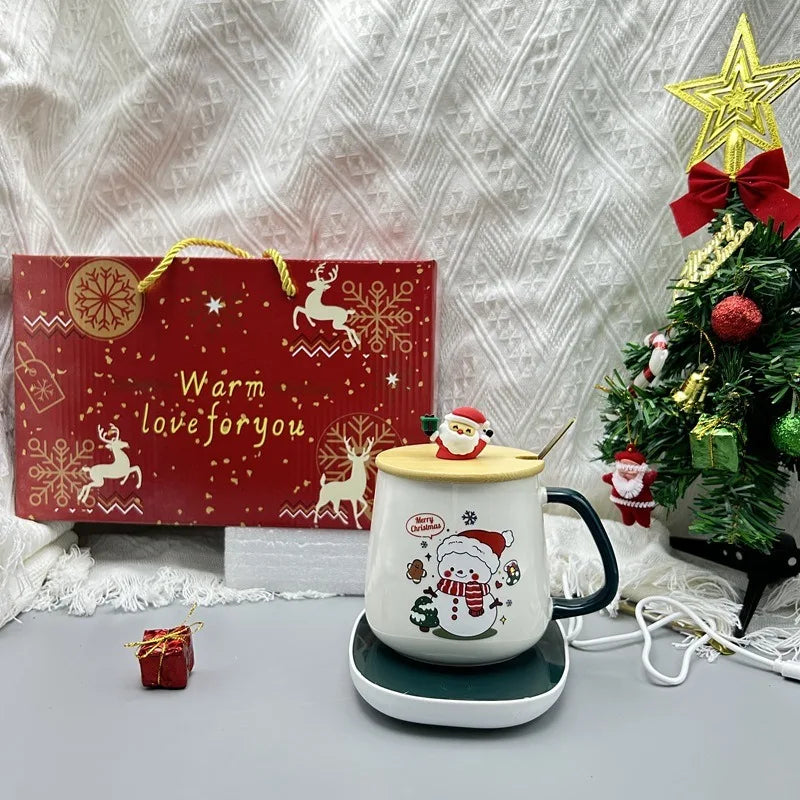 Christmas gift set: 55-degree warm ceramic cup with lid, Santa Claus mug, office coffee cup
