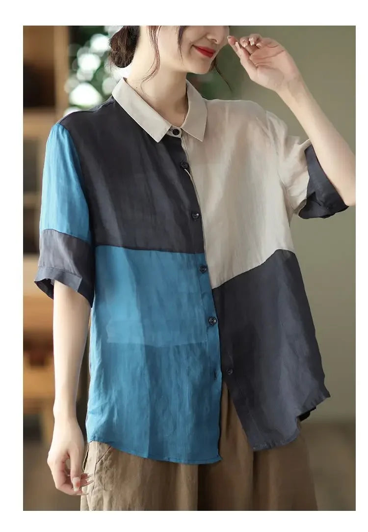 Cotton and Linen Shirt for Women Fashionable and Versatile Cardigan Lapel Top Thin
