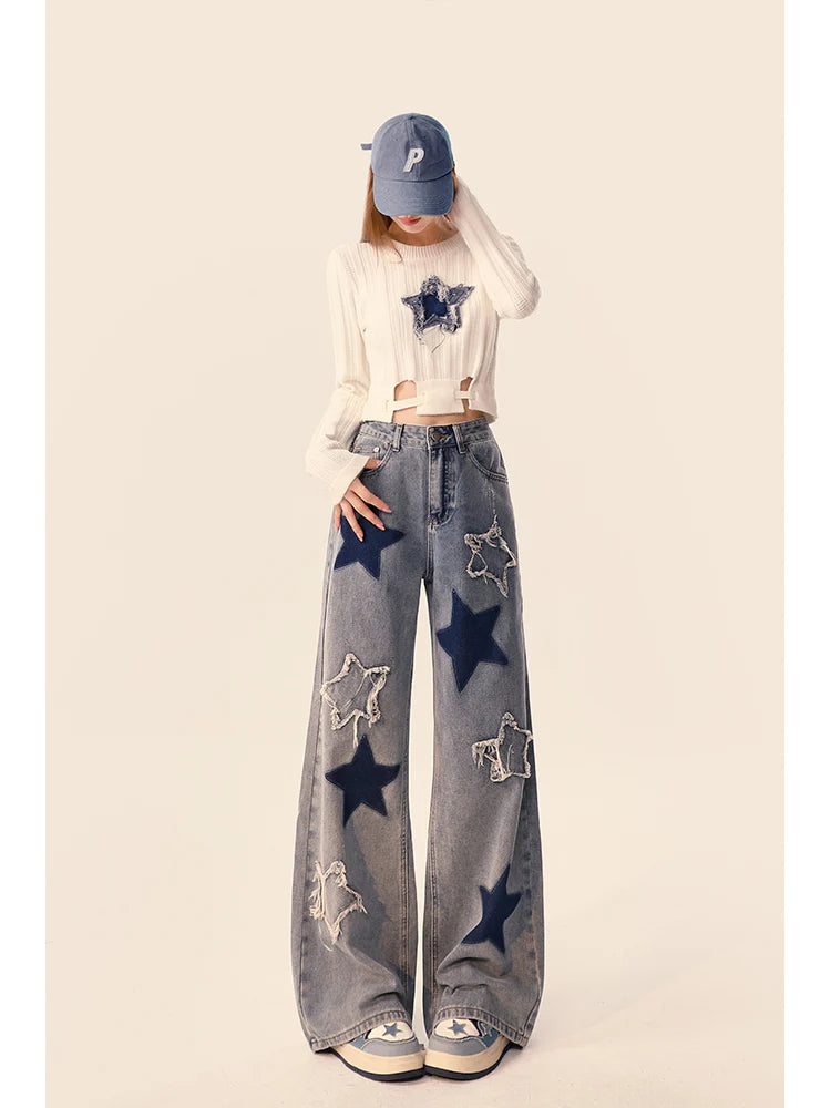 Women's Jeans American Vintage Star Embroidery Casual Denim Trousers Y2K Design Sense Denim High Street Loose Straight Leg Pants