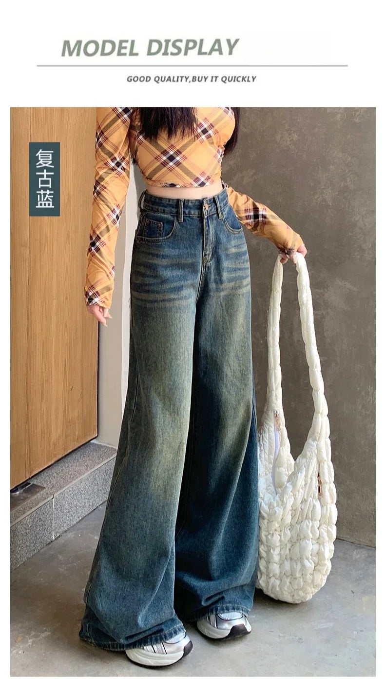 Women's Jeans Denim Pants 2025 Euramerican High Waist Girl Style Jean Trousers Colorful Straight Leg Wide Leg Pants