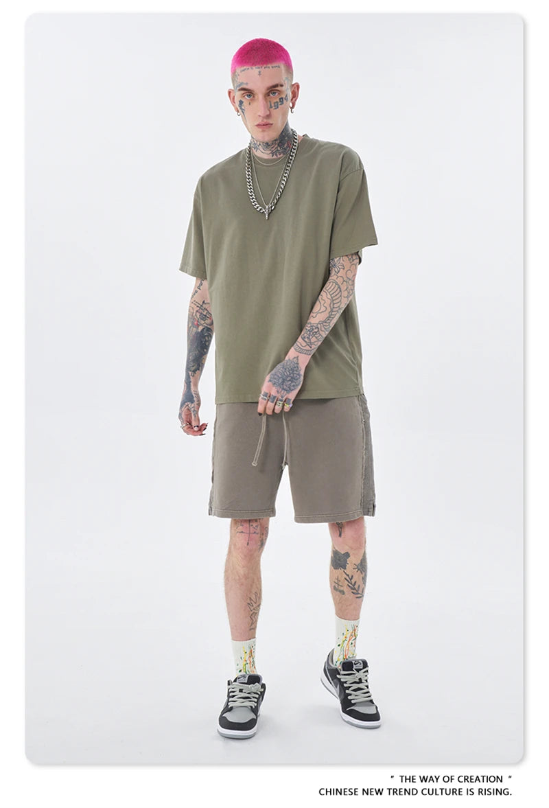 ZODF Trendy Summer 260gsm Cotton Oversized T Shirts For Men Unisex Male Kanye West High Street Solid Tees Brand Tops HY0122