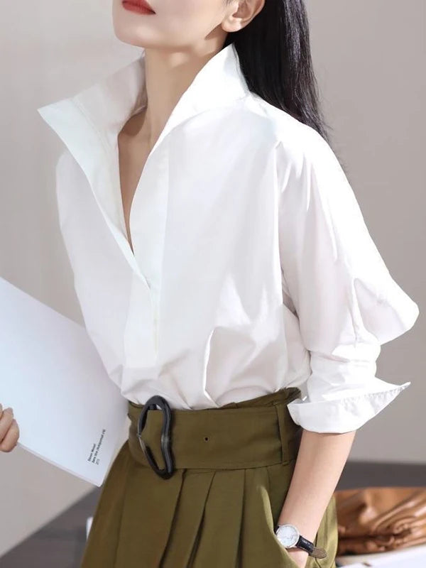 Women's Cotton Shirt Tops 2025 Autumn New Solid White Lapel Collar Long Sleeves Buttoned T-shirt Female Commuter Blouse