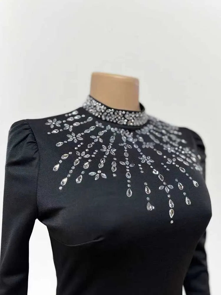 Elegant Black Evening Dresses for Women Autumn Clothes Dress  Round Collar with Diamonds Elegant Chic Bodycon Dress Long Sleeve